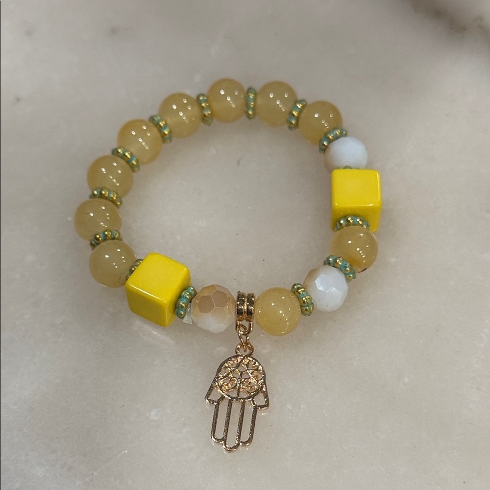 Yellow Beaded Stretch Bracelet with Gold Hamsa Charm